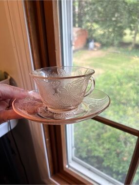 2 Dogwood Pink Depression Glass Teacup and Saucer Set